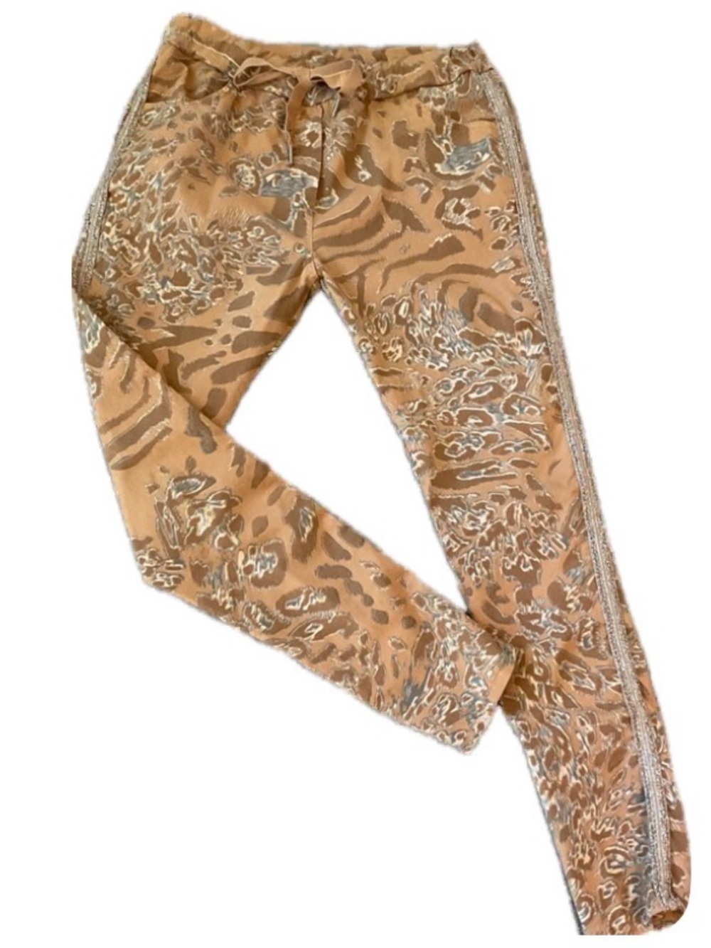 ***Women's Slim Fit Camel Animal-Print Jogger with Metallic Side Stripe
